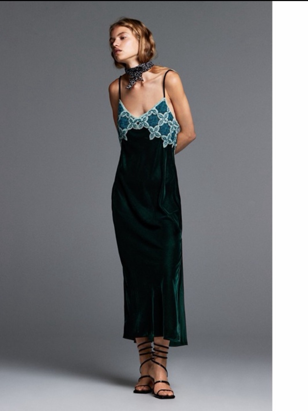 Zara, Velvet & crochet maxi slip dress dark green crochet lace bodice